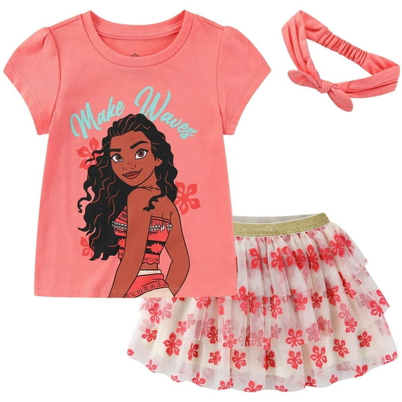 Disney Moana Short Sleeve Shirt and Tulle Tutu Skirt with Headband (Girls), 2 Piece Set, Sizes 2T-10