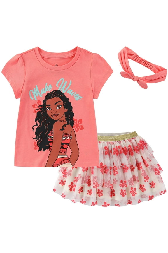 Moana Short Sleeve Shirt and Tulle Tutu Skirt with Headband (Girls), 2 Piece Set, Sizes 2T-10