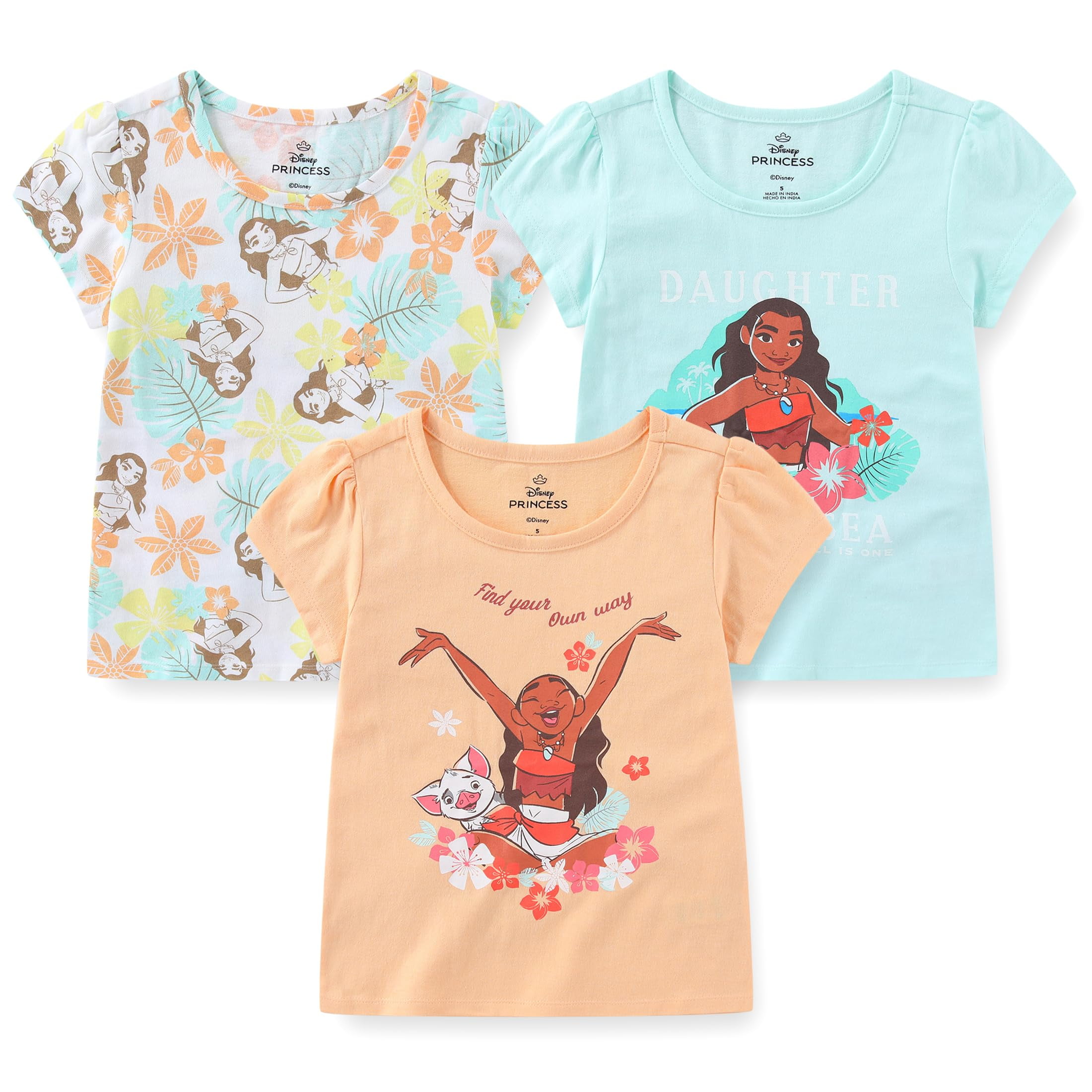 Moana Short Sleeve T-Shirt (Girls), 3 Pack, Sizes 2T-12