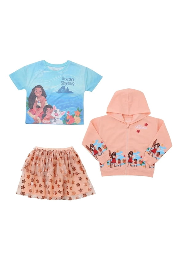 Moana Toddler Girl's T-Shirt, Tutu Skirt & Hoodie Jacket 3-Piece Set (Size 2T)