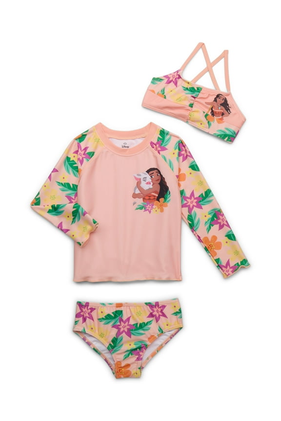 Character Toddler Girl Rash Guard and Bikini Swimsuit Set, 3-Piece, Sizes 12M-5T