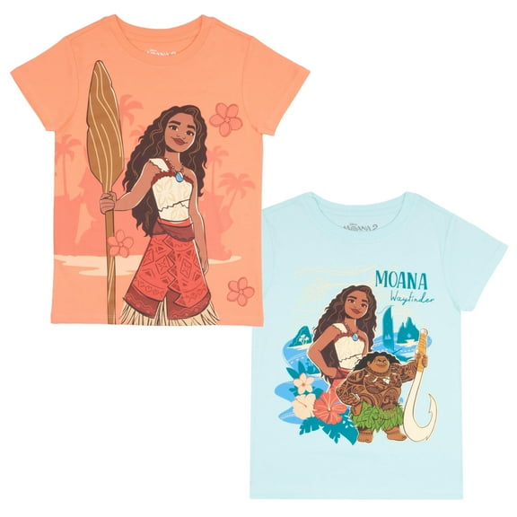 Disney Moana and Friends Girl's Graphic Print T-Shirt 2-Pack - Short Sleeve Tees Bundle for Kids (Size 4-16)