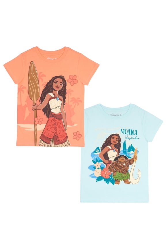 Moana and Friends Girl's Graphic Print T-Shirt 2-Pack - Short Sleeve Tees Bundle for Kids (Size 4-16)