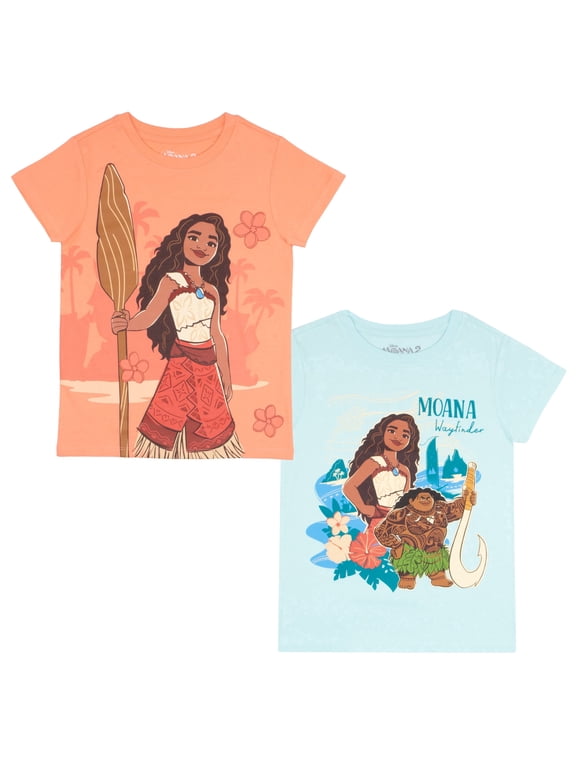 Moana and Friends Girl's Graphic Print T-Shirt 2-Pack - Short Sleeve Tees Bundle for Kids (Size 4-16)