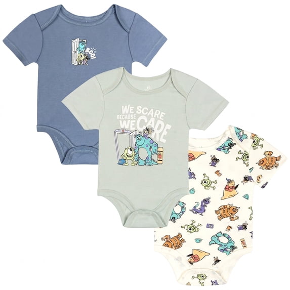 Disney Monsters Inc. Baby Boy or Girl 3-Pack Short Sleeve Bodysuits Mint Blue Inc