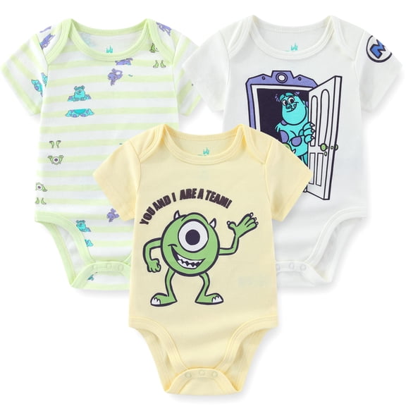 Disney Monsters Inc. Mike Wazowski James P. Sullivan Bodysuit Creeper (Baby Boys), 3 Pack, Sizes 3M-12M
