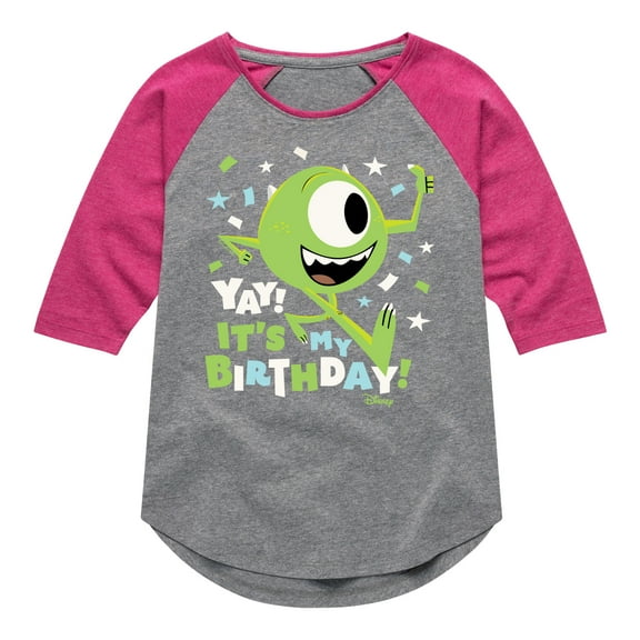 Disney Monsters Inc - Mike Yay It's My Birthday - Toddler & Youth Girls Raglan Graphic T-Shirt
