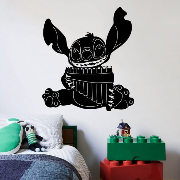 Disney Movie Character Lilo And Stitch Cute Stitch Playing Instrument Silhouette Disney Wall Art Sticker Vinyl Decal For Home Decor Room Living Room Bedroom Decoration Sticker Decal Size (40x40 inch)