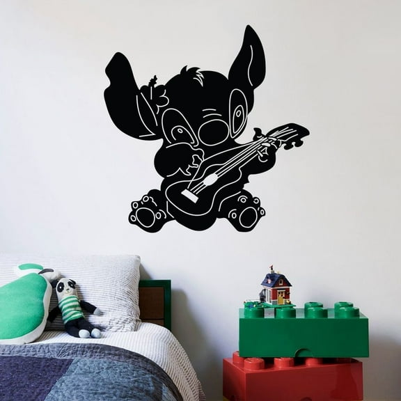 Disney Movie Character Lilo And Stitch Stitch Playing Ukelele Silhouette Disney Wall Art Sticker Vinyl Decal For Home Decor Room Living Room Bedroom Decoration Sticker Decal Size (30x30 inch)