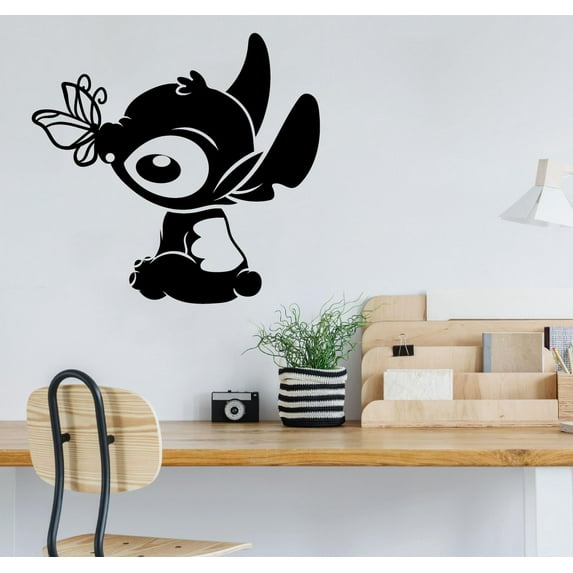 Disney Movie Character Stitch Lilo ANd Stich Silhouette Cute Stitch Butterfly Playing Wall Art Wall Sticker Wall Decal Vinyl Decal Home Decor Room Living Room Bedroom Decoration Size (30x22 inch)