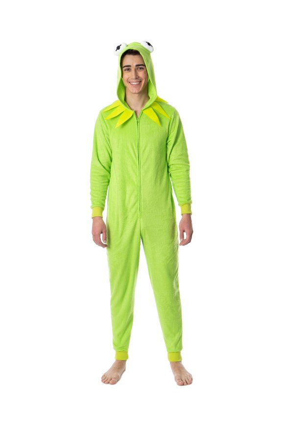 Disney Muppets Kermit The Frog Union Suit Adult Hooded Fleece One Piece Pajama