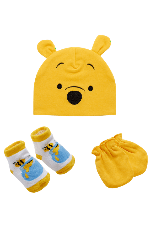 Newborn Baby Boys’ Take Me Home Layette Gift Set: 3D Ear Hat, Socks and Mitten: Mickey Mouse, Winnie The Pooh