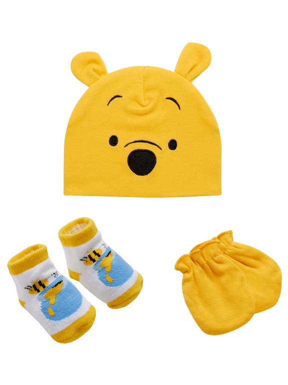 Newborn Baby Boys’ Take Me Home Layette Gift Set: 3D Ear Hat, Socks and Mitten: Mickey Mouse, Winnie The Pooh