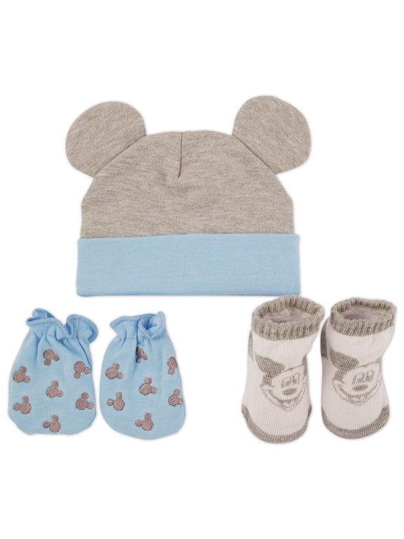 Newborn Baby Boys’ Take Me Home Layette Gift Set: 3D Ear Hat, Socks and Mitten: Mickey Mouse, Winnie The Pooh
