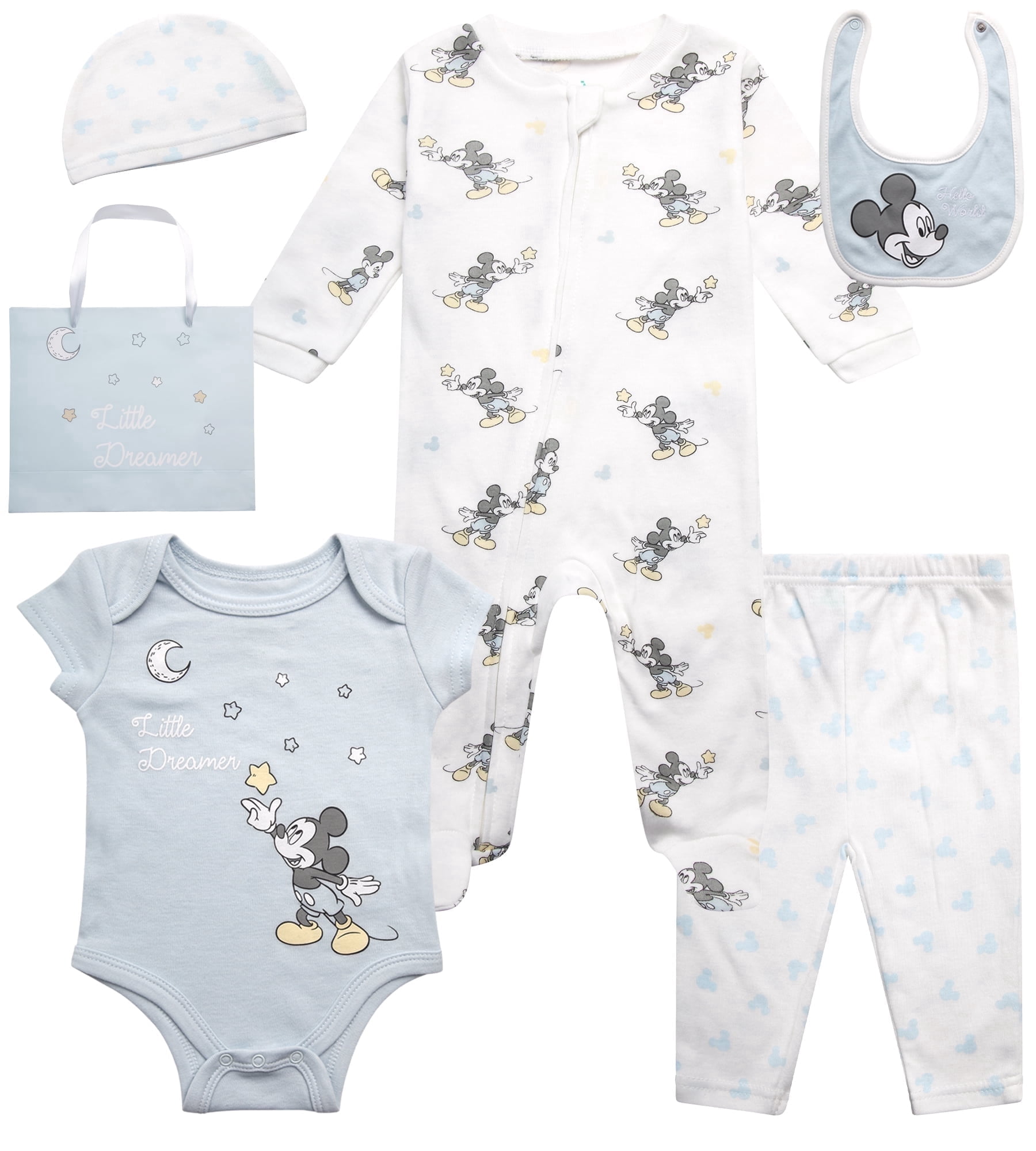 Newborn Baby Girl Boy Layette Set Body Coveralls Sweatpants, Hat, Gift Bag 6 Piece (0-6M), 0-3 Months, Blue/White Mickey