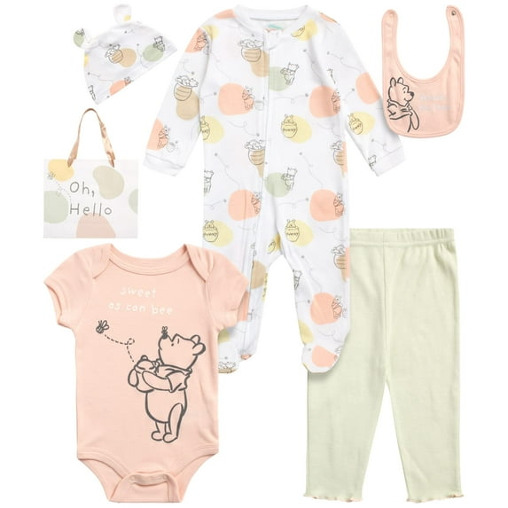 Disney Newborn Baby Layette Set - 6 Piece Disney Bodysuit Coveralls Sweatpants, Hat, Gift Bag (0-6M)