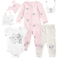 thumbnail image 1 of Disney Newborn Baby Layette Set - 6 Piece Disney Bodysuit Coveralls Sweatpants, Hat, Gift Bag (0-6M), 1 of 8
