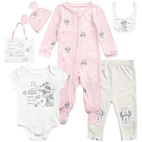 Disney Newborn Baby Layette Set - 6 Piece Disney Bodysuit Coveralls Sweatpants, Hat, Gift Bag (0-6M)