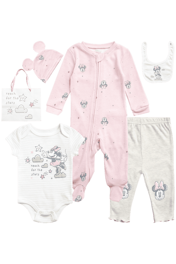 Newborn Baby Layette Set - 6 Piece Disney Bodysuit Coveralls Sweatpants, Hat, Gift Bag (0-6M)