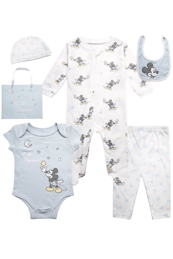 Newborn Baby Layette Set - 6 Piece Disney Bodysuit Coveralls Sweatpants, Hat, Gift Bag (0-6M)