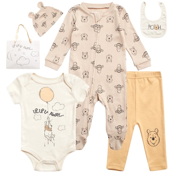 Disney Newborn Baby Girl Boy Layette Set Body Coveralls Sweatpants, Hat, Gift Bag 6 Piece (0-6M), 0-3 Months, Winnie Pooh Honey