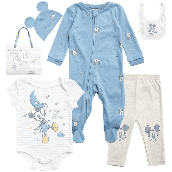 Disney Newborn Baby Layette Set - 6 Piece Disney Bodysuit Coveralls Sweatpants, Hat, Gift Bag (0-6M)