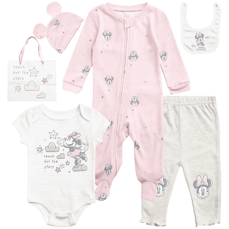 Disney Newborn Baby Girl Boy Layette Set Body Coveralls Sweatpants, Hat, Gift Bag 6 Piece (0-6M), 0-3 Months, Minnie Light Pink Heather Grey