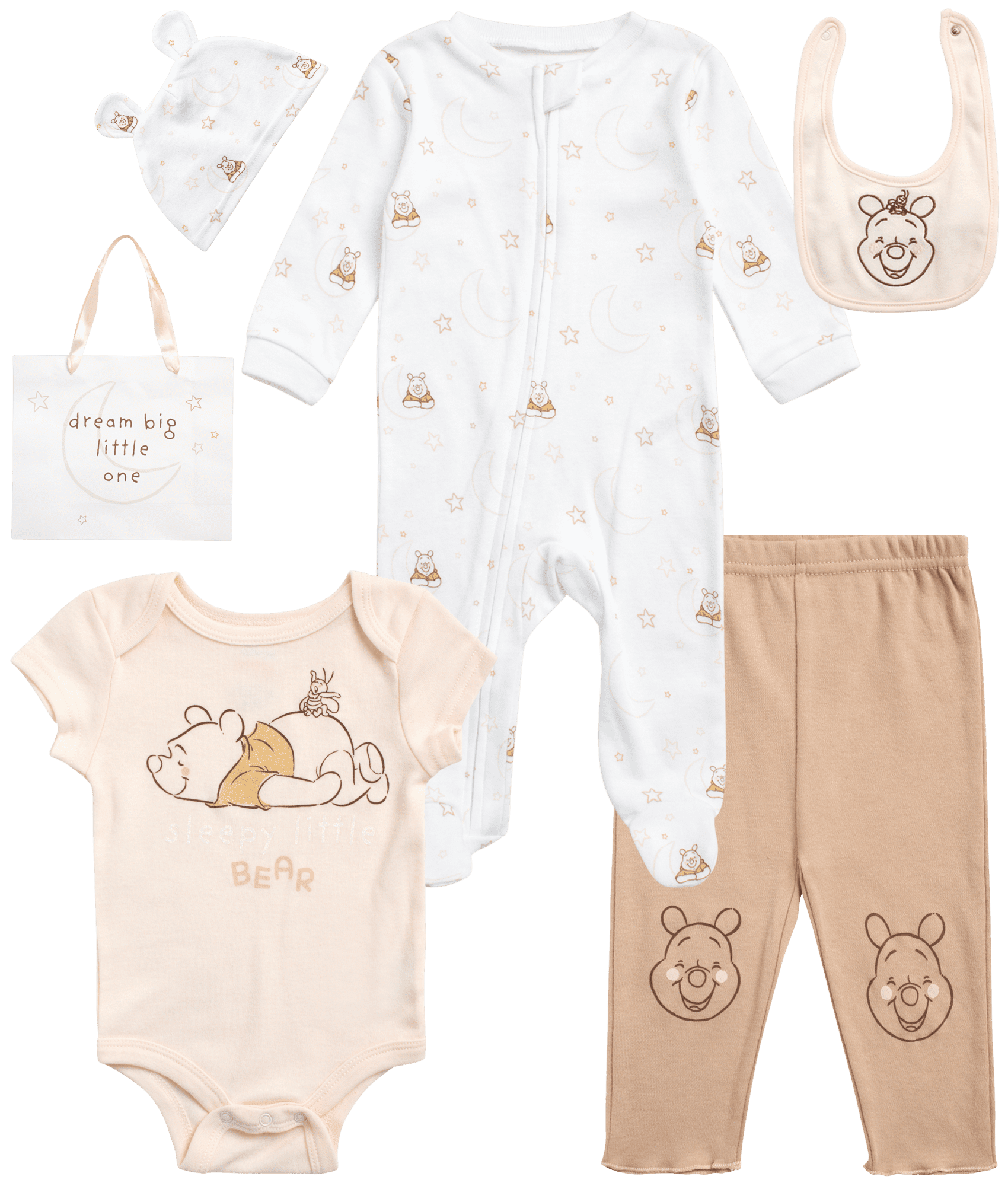Disney Newborn Baby Layette Set - 6 Piece Disney Bodysuit Coveralls Sweatpants, Hat, Gift Bag (0-6M)