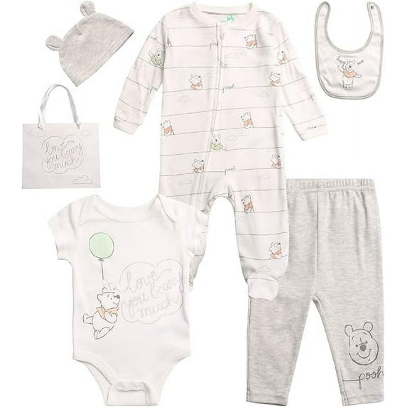 Disney Newborn Baby Layette Set - 6 Piece Disney Bodysuit Coveralls Sweatpants, Hat, Gift Bag (0-6M)