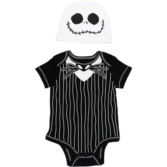 Disney Nightmare Before Christmas Baby Boy or Girl 2-Piece Cosplay Bodysuit and Hat Set Black White Jack