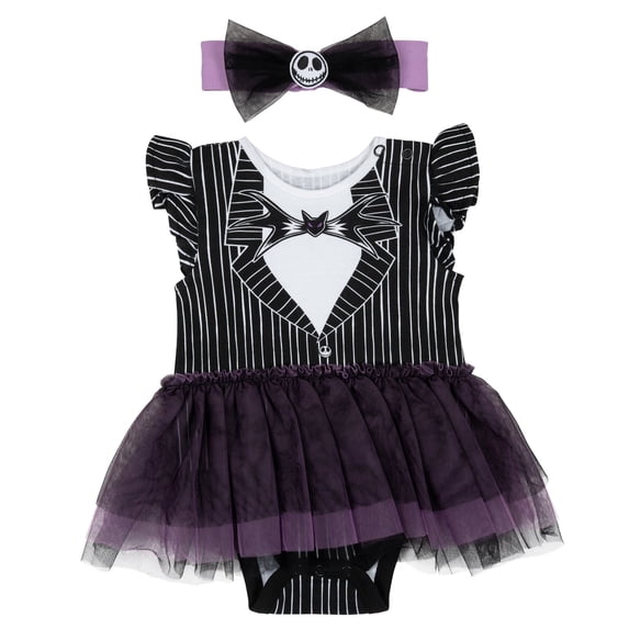 Disney Nightmare Before Christmas Baby Girls' Cosplay Dress and Headband Set Jack Black Pinstripe