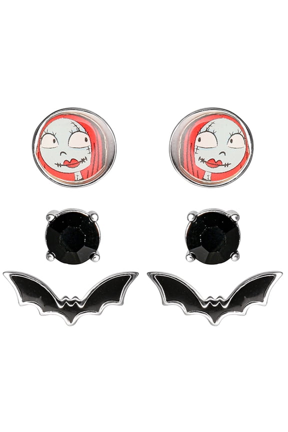 Womens The Nightmare Before Christmas Stud Earrings 3-Pair Set Official License - Rhinestone, Bat and Sally Earrings