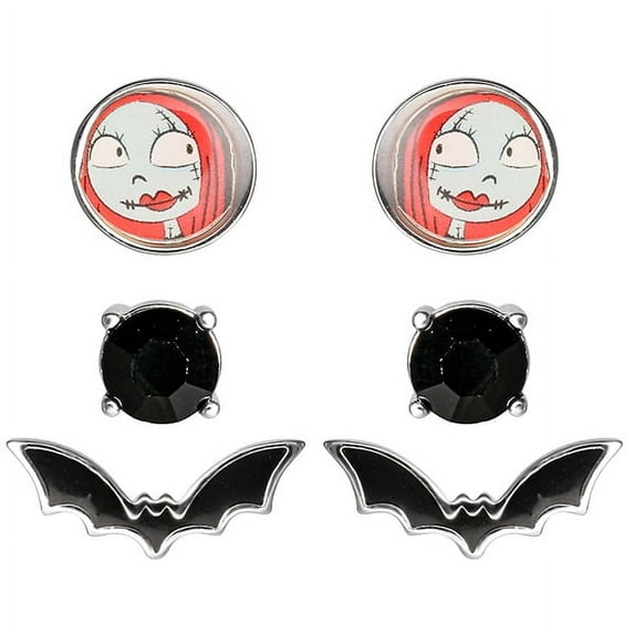 Disney Womens The Nightmare Before Christmas Stud Earrings 3-Pair Set Official License - Rhinestone, Bat and Sally Earrings