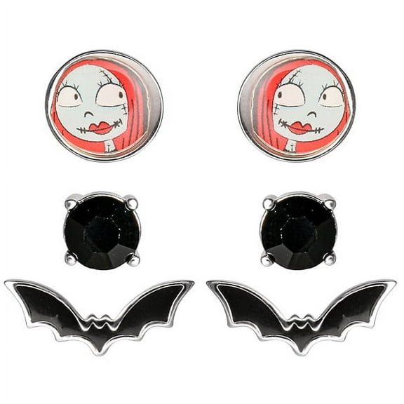 Disney Womens The Nightmare Before Christmas Stud Earrings 3-Pair Set Official License - Rhinestone, Bat and Sally Earrings