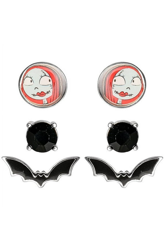 Womens The Nightmare Before Christmas Stud Earrings 3-Pair Set Official License - Rhinestone, Bat and Sally Earrings