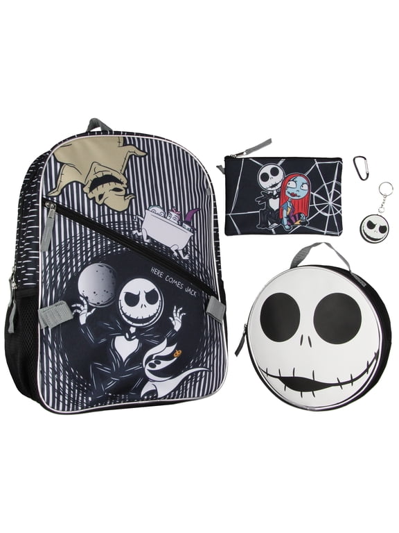Disney Nightmare Before Christmas Jack Skellington 5 Pc Backpack Set With Lunch Box Pencil Case Carabiner And Keychain 16"