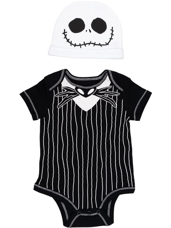 Disney Nightmare Before Christmas Baby Boy or Girl 2-Piece Cosplay Bodysuit and Hat Set Black White Jack