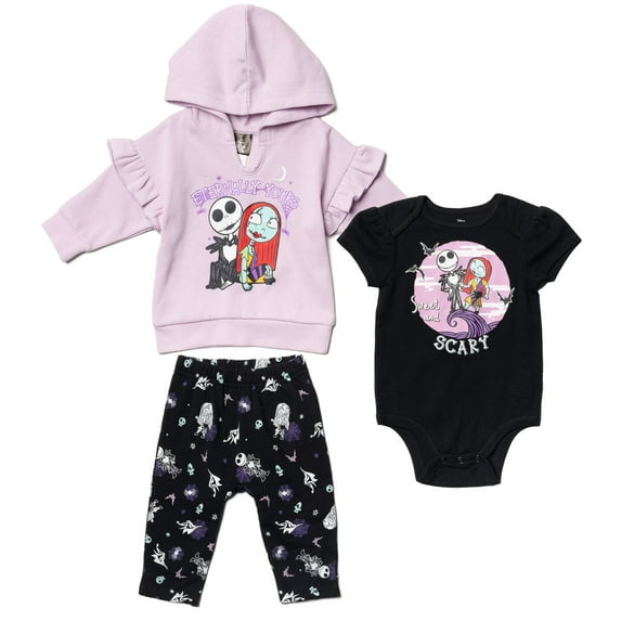 Disney Nightmare Before Christmas Jack Skellington Sally Fleece Pullover Hoodie Bodysuit and Pants 3 Piece Outfit Set Newborn to Infant