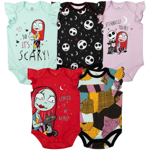Disney Nightmare Before Christmas Jack Skellington Sally Infant Baby Girls 5 Pack Cuddly Short Sleeve Bodysuits Multicolor 12 Months