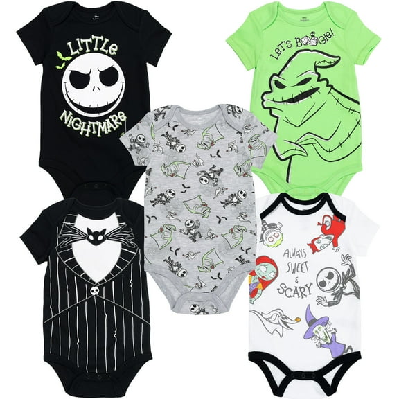 Disney Nightmare Before Christmas Jack Skellington Sally Newborn Baby Boys 5 Pack Bodysuits Newborn to Infant