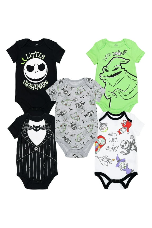 Disney Nightmare Before Christmas Jack Skellington Sally Newborn Baby Boys 5 Pack Bodysuits Newborn to Infant