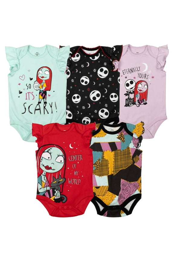 Nightmare Before Christmas Jack Skellington Sally Newborn Baby Girls 5 Pack Cuddly Short Sleeve Bodysuits Multicolor 3-6 Months