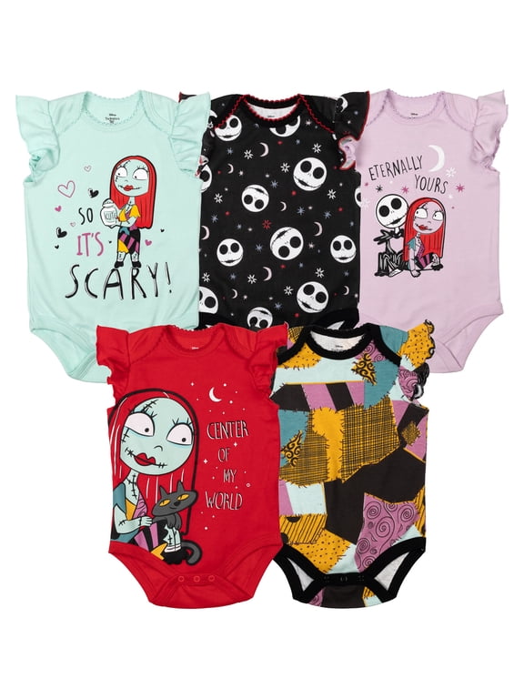 Disney Nightmare Before Christmas Jack Skellington Sally Newborn Baby Girls 5 Pack Cuddly Short Sleeve Bodysuits Multicolor 6-9 Months