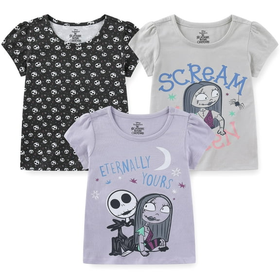 Disney Nightmare Before Christmas Jack Skellington Sally Short Sleeve Shirt (Girls), 3 Pack, Sizes 3T-10