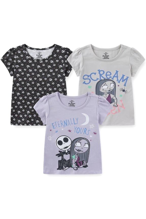 Nightmare Before Christmas Jack Skellington Sally Short Sleeve Shirt (Girls), 3 Pack, Sizes 3T-10