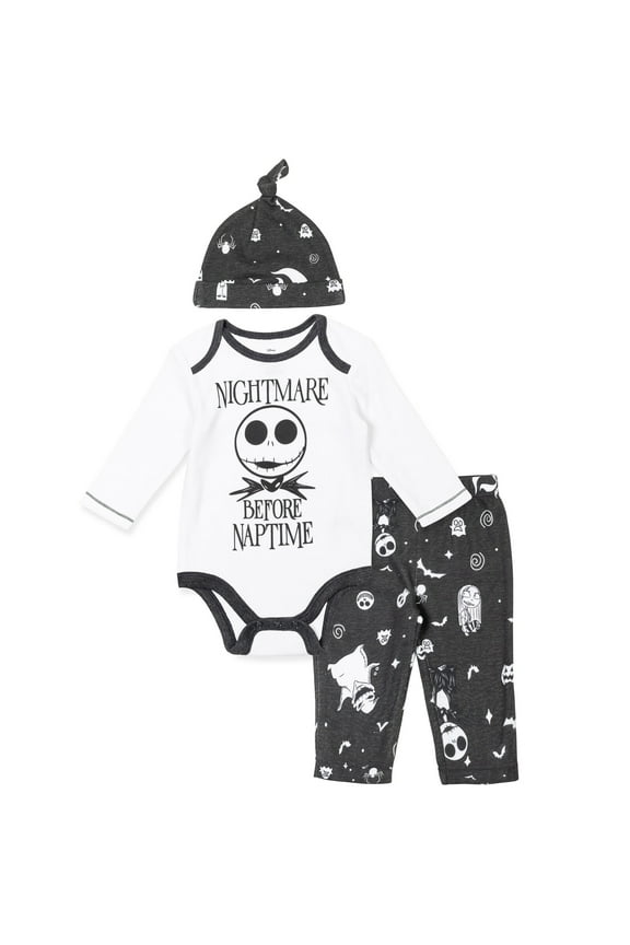 Nightmare Before Christmas Jack Skellington Sally Zero Bodysuit Pants and Hat 3 Piece Outfit Set Newborn to Infant