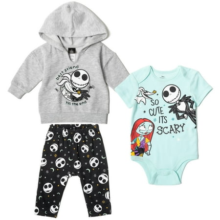 Disney Nightmare Before Christmas Jack Skellington Sally Zero Fleece Pullover Hoodie Bodysuit and Pants 3 Piece Outfit Set Newborn to Infant