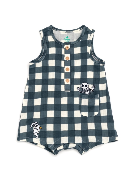 Disney Nightmare Before Christmas Baby Boys' Sleeveless Cotton Gauze Button Romper Grey Plaid Jack Skellington & Zero