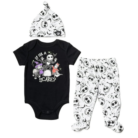 Disney Nightmare Before Christmas Jack Skellington Zero Lock, Shock, and Barrel Infant Baby Boys Bodysuit Pants and Hat 3 Piece Outfit Set Newborn to Infant