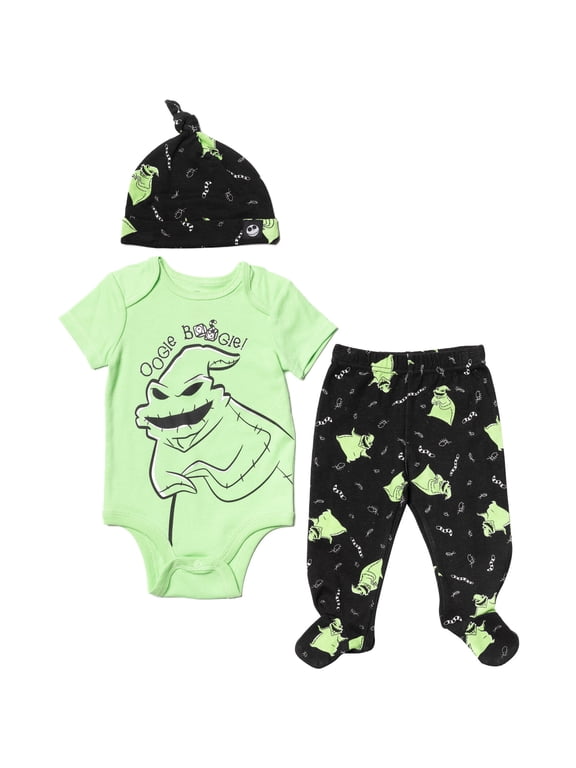 Nightmare Before Christmas Baby Boy or Girl Footed Pant and Bodysuit Set with Hat Oogie Boogie Green